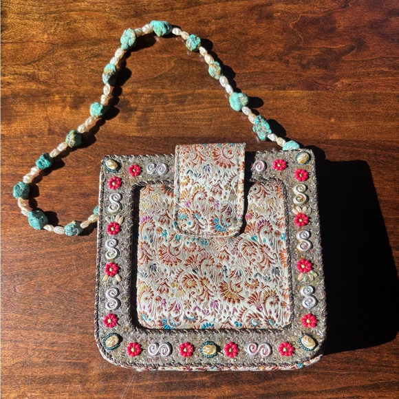 Mary Frances Beaded Brocade Purse with Turquoise and Pearl Strap - Picture 3 of 5